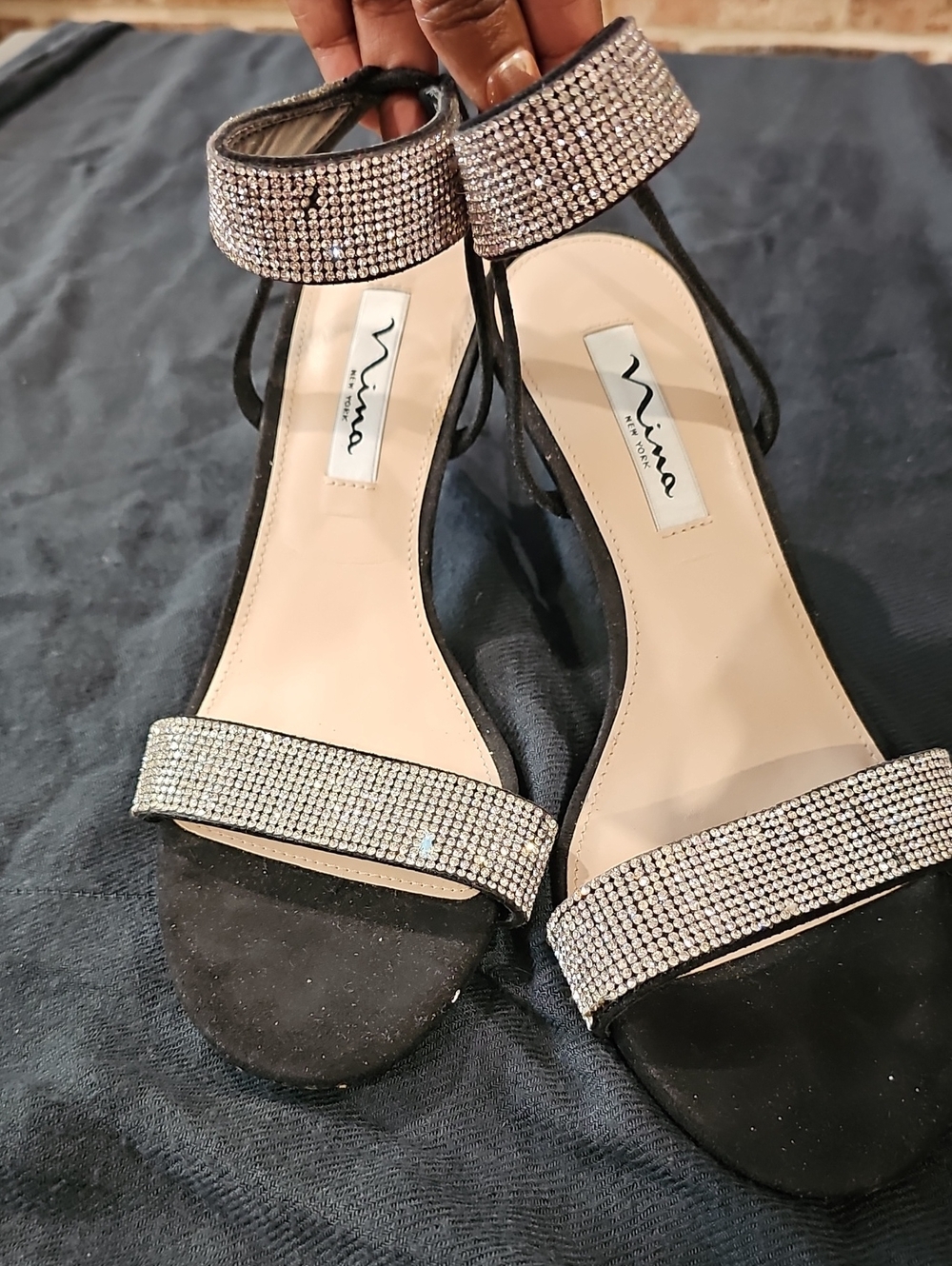 Nina Black Rhinestone Ankle-Strap Heels Size 8M